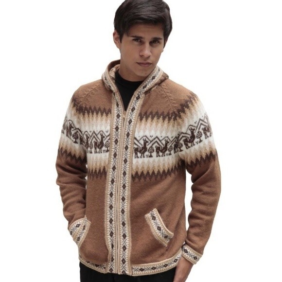 Mens Little Llamas Hooded Alpaca Wool Knitted Jacket Hoodie Sweater medium - Picture 1 of 7